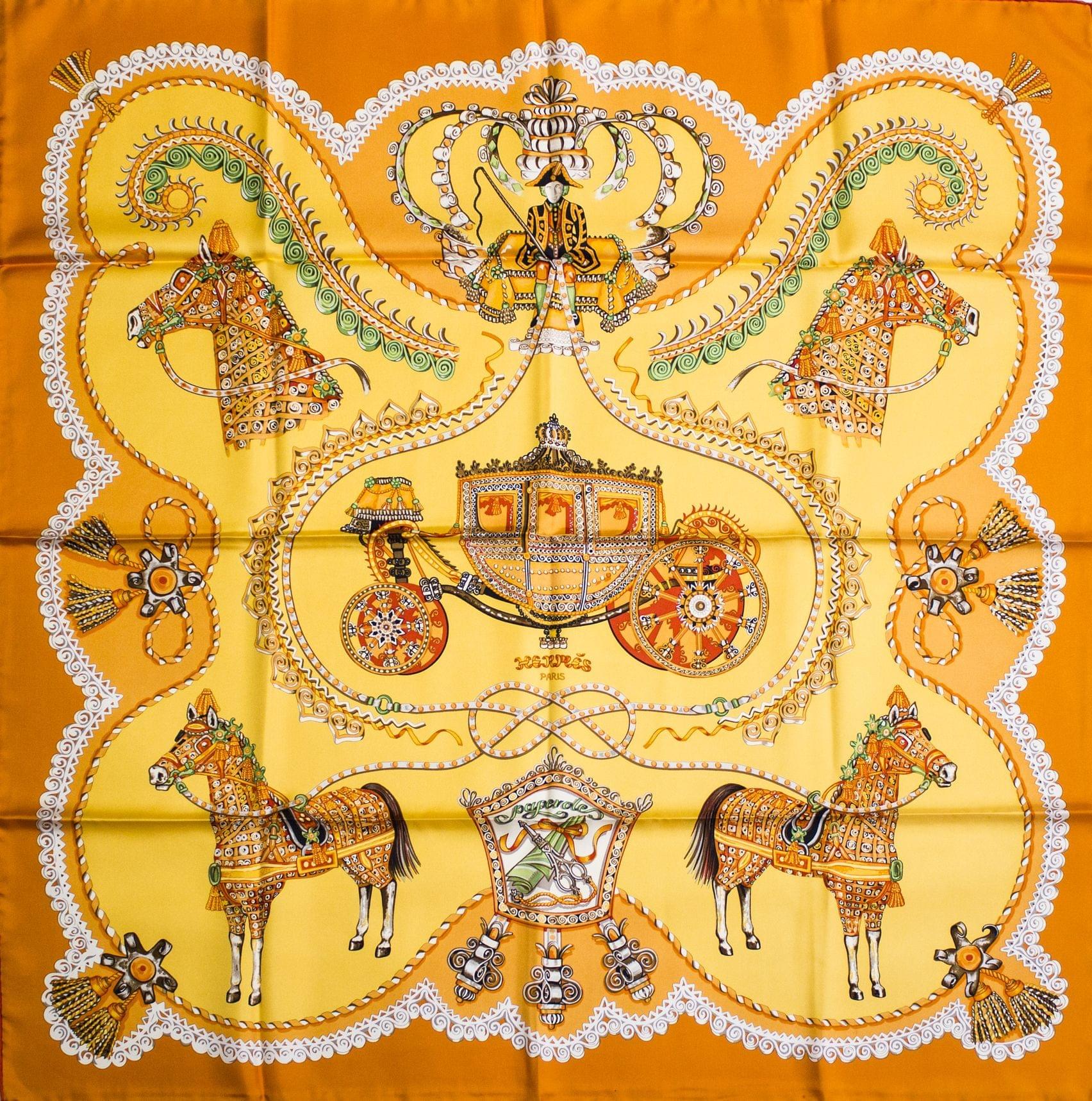 Hermès Paris, foulard "Paperoles" à motifs de carrosse et chevaux sur fond orange
