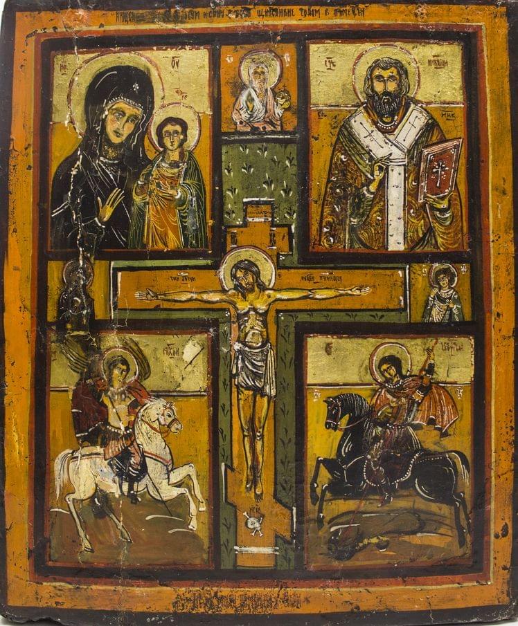 Le Christ en Croix entouré de Dieu le Père, de la Vierge à l'Enfant et de Saints