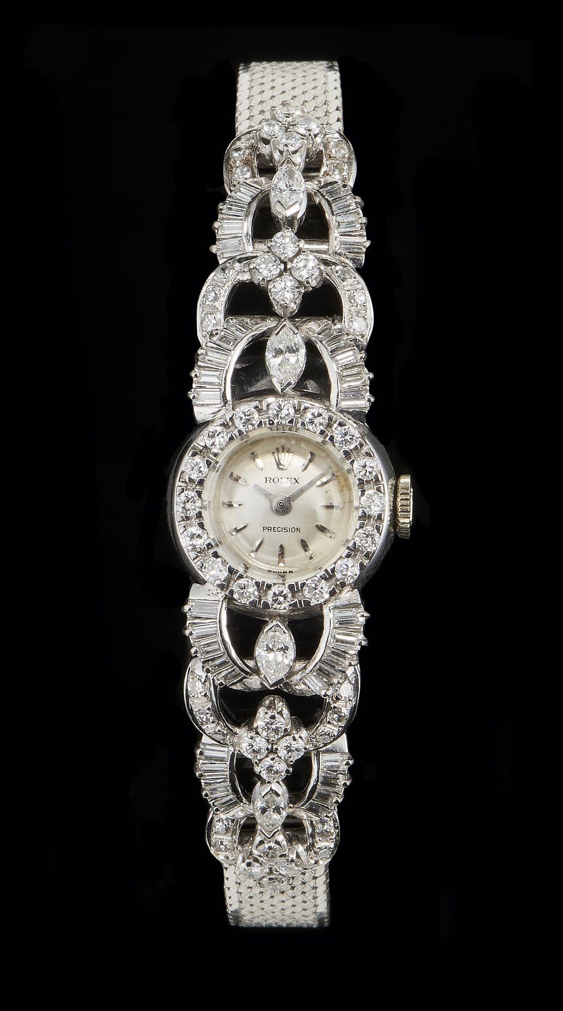 Rolex, Précision, montre-bracelet ronde mécanique sertie de diamants taille brillant, marquise et baguette