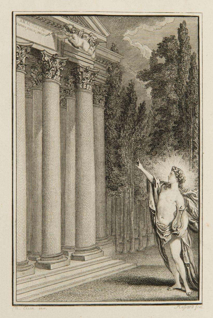 ANACREON, SAPHO, BION et MOSCHUS: Odes…suivie de la Veillée des Fêtes de Vénus, par M. M (MOUTONNET) de C (CLAIRFONS). Paphos (Paris), Le Boucher, 1773; 