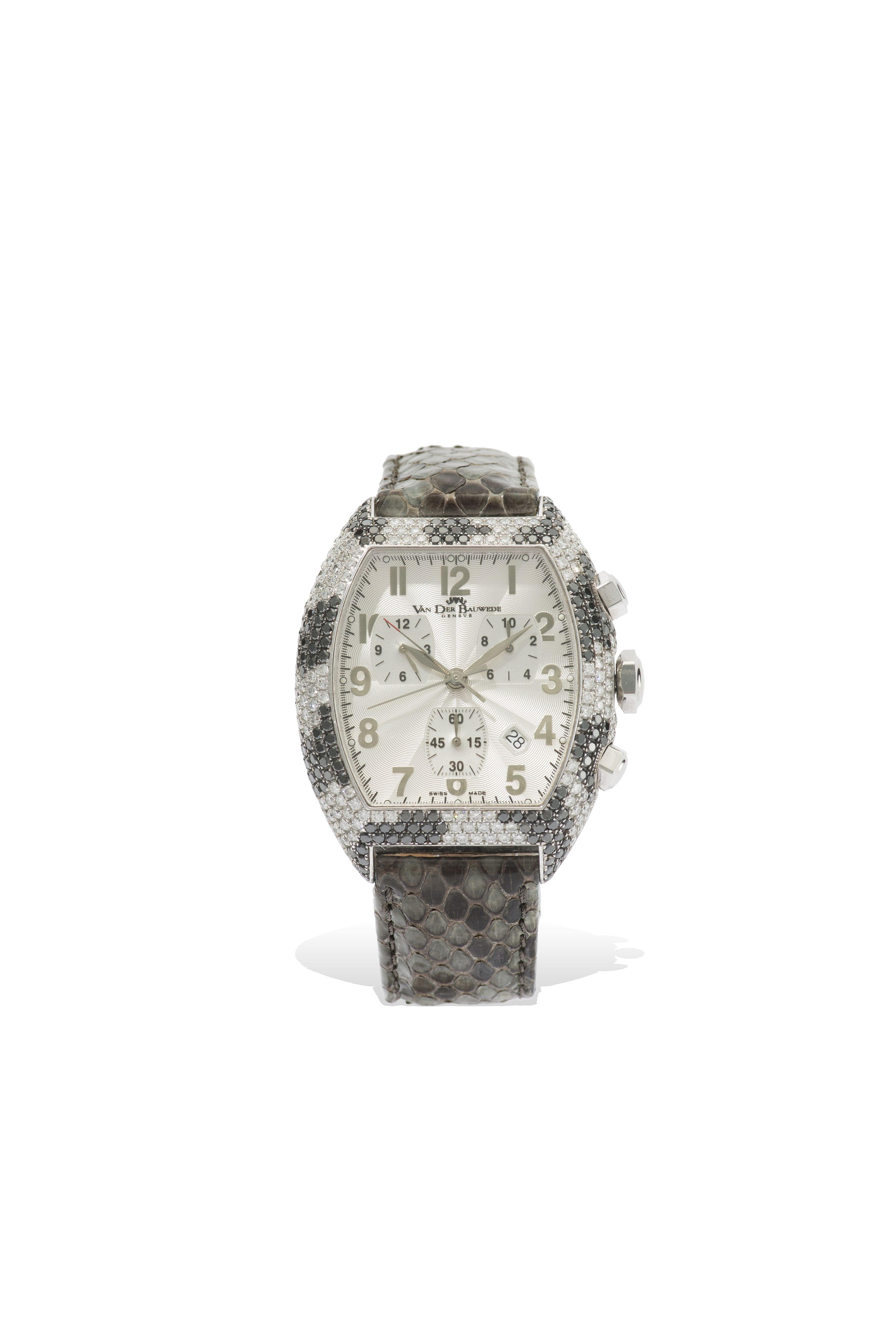 LOT RETIRE Van Der Bauwede, Snake XO, montre chronographe tonneau à quartz sertie de diamants blancs et noirs