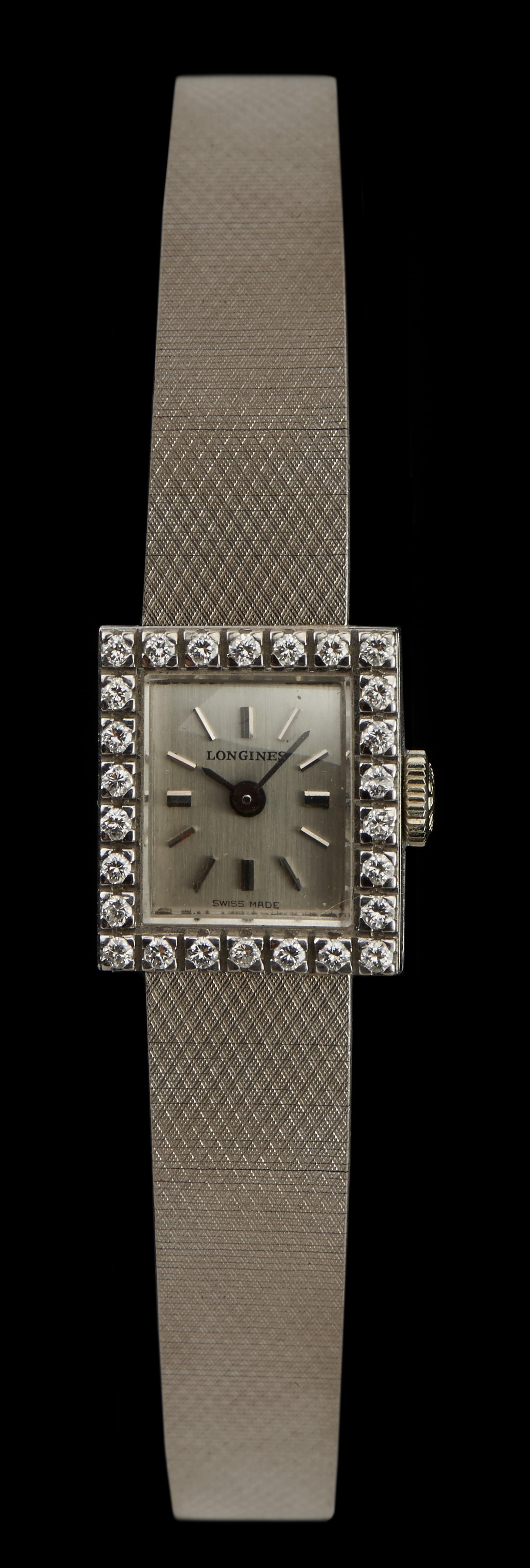 Longines, montre bracelet mécanique rectangulaire sertie de diamants